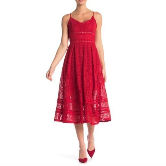 NSR Dress Red Lace Midi Dress NWT Medium - Picture 1 of 8